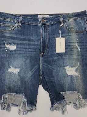 Ms Cello Women's Blue High Rise Distressed Ripped Hem Bermuda Shorts Size 3X